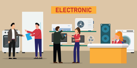 People visitor and shop assistant at consumer electronics store 2d vector illustration concept for banner, website, landing page, flyer, etc