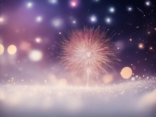 Fototapeta na wymiar Blurred christmas background with fireworks, festive bokeh. New year greeting card, postcard with copyspace.