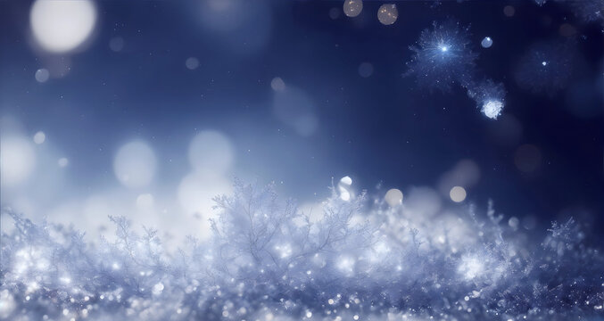 Blurred christmas bokeh, background with sparkls and glitter in blue and silver colors. New year greeting card, postcard with copyspace.