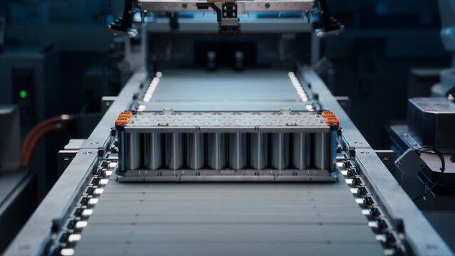 Electric Car Battery Pack Production Process. Battery Modules for Automotive Industry on Conveyor Belt. Advanced Automated Factory. Lithium-ion Battery Cell Manufacturing Line