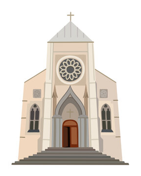 Christian catholic church. Building of gothic cathedral. Religious architecture exterior. Vector isolated illustration.