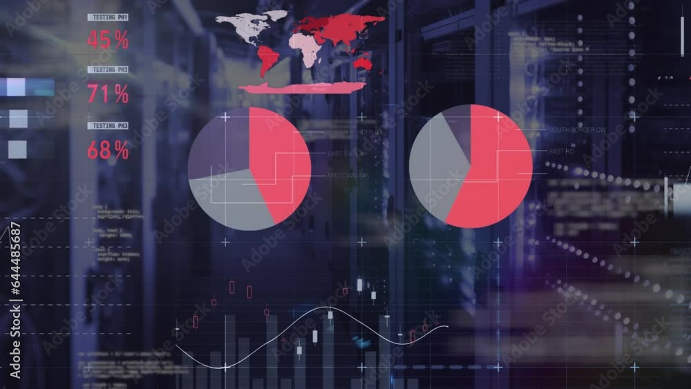 Poster animation of statistica data processing annd light spot against computer server room