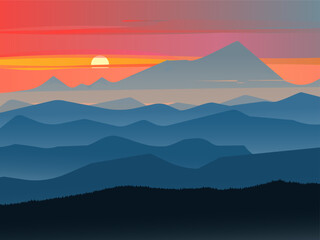 Beautiful landscape vector mountains at sunrise or sunset background natural landscape vector illustration
