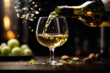 Pouring white wine into the glass on black background. Commercial promotional photo