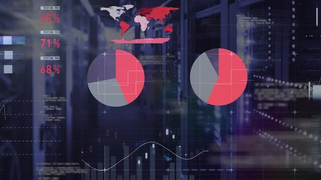 Animation of statistica data processing annd light spot against computer server room