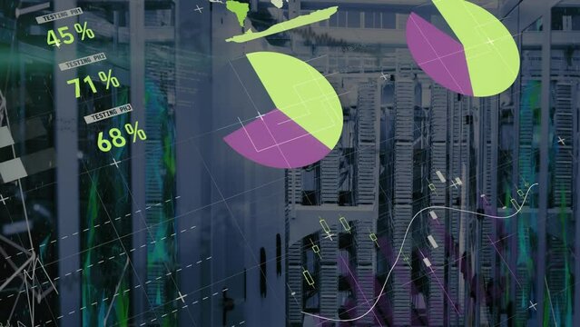 Animation of statistica data processing and plexus networks against computer server room