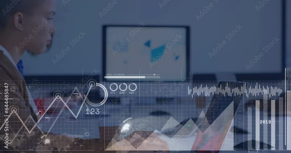 Poster animation of interface with statistical data processing against asian man using laptop at office