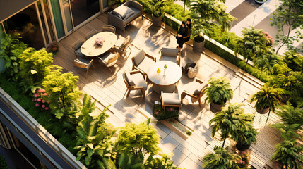Spacious office terrace garden with seating nooks - obrazy, fototapety, plakaty