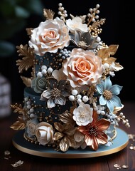Two-tiered birthday cake decorated with flowers and leaves from mastic