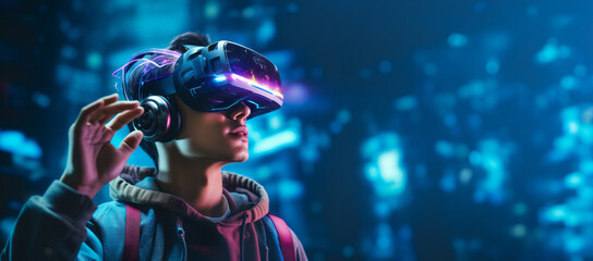 A young man wearing VR headset, playing with his goggles in a futuristic cyber world - Virtual reality, innovation and new technology abstract concept - obrazy, fototapety, plakaty