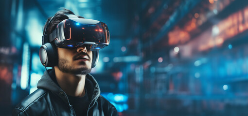 A young man wearing VR headset, playing with his goggles in a futuristic cyber world - Virtual reality, innovation and new technology abstract concept