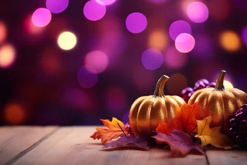 Tuinposter purple and golden pumpkins with fall leaves and decorations on wooden ground in front of a bokeh background with space for text © Tina