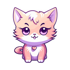 Vector funny cat characters isolated on white background sticker. Cute kawaii cat character with big eyes, animal trendy vector illustration. Sweet pastel white peach colors	

