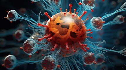 Close up macro details of red blue microbes molecules virus bacteria. Coronavirus outbreak COVID-19. Medicine concept