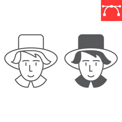 Pilgrim man line and glyph icon, thanksgiving and holidays, man in hat vector icon, vector graphics, editable stroke outline sign, eps 10.