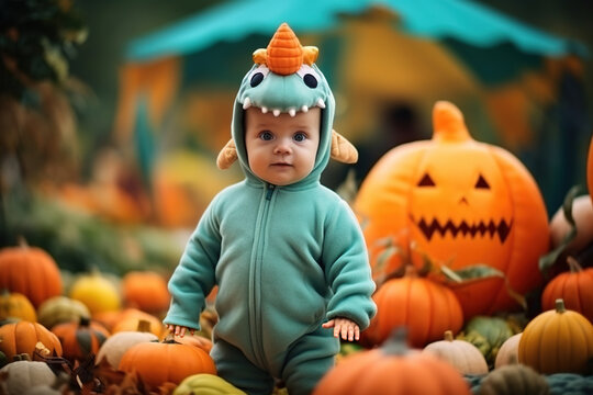 A baby dressed in a dinosaur costume