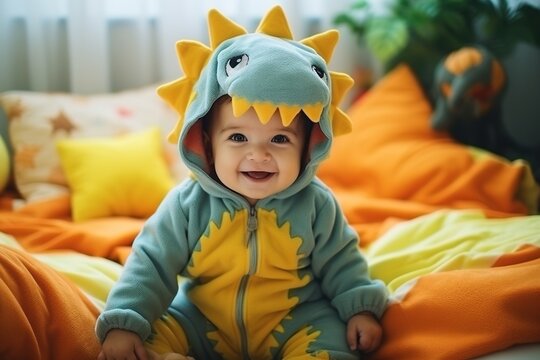 A baby dressed in a dinosaur costume