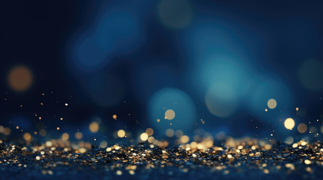 Elegant christmas invitation with blue and gold glitter, Blurred background with soft bokeh for space with text