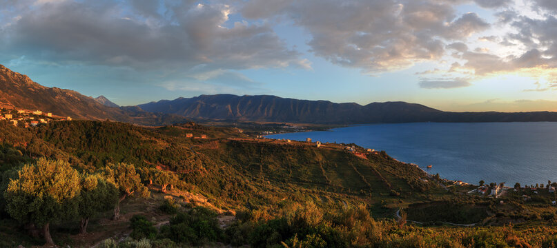 Adriatic sea evening coastline top view (Radhima, near Orikum, Albania). Two shots stitch high-resolution panorama.