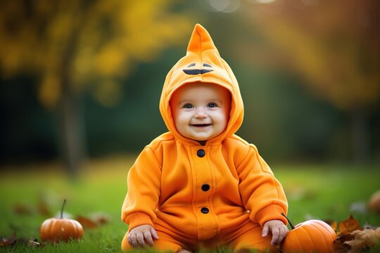 A baby dressed in a Halloween costume