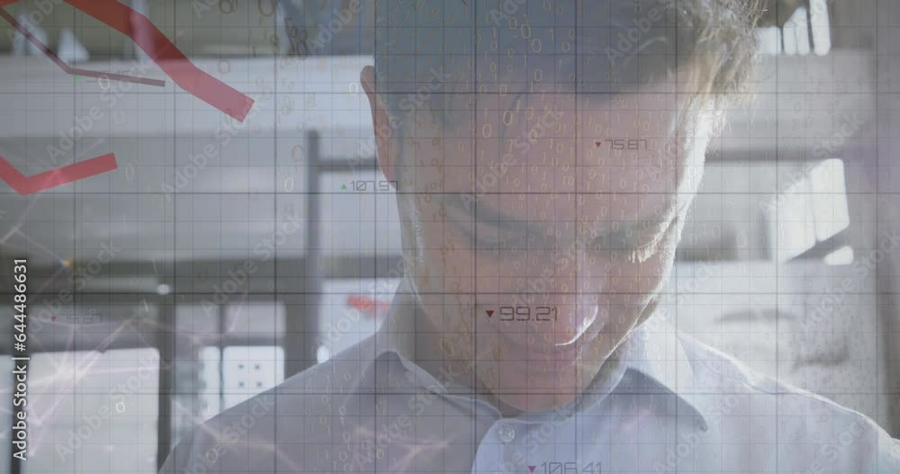 Poster animation of statistical data processing against caucasian man using smartwatch at office