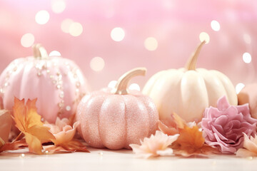 soft pink colored pumpkins with autumn leaves on white ground with bokeh background, pastel background with space for text