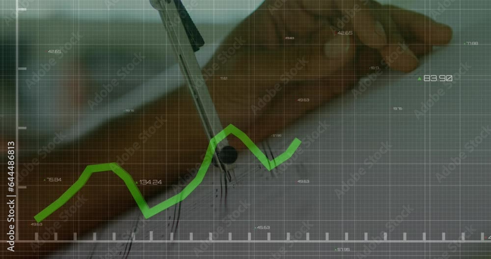 Poster animation of statistical data processing over mid section of a man using compass working on a plan