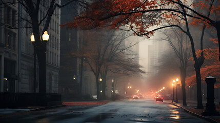 misty street in the morning 