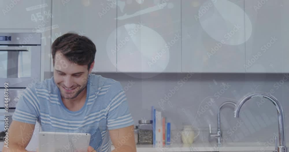 Poster animation of statistical data processing over caucasian man smiling while using tablet at home