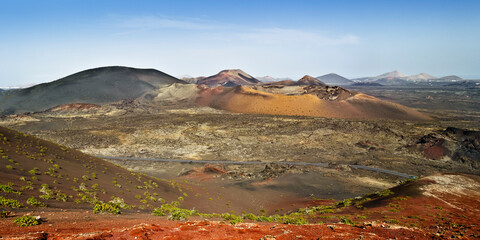 Timanfaya national park landscape of volcano craters on Lanzarote, Canary islands, Spain. Panoramic...