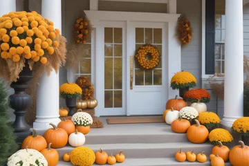  An idyllic autumnal front porch adorned with pumpkins, wreaths made of dried leaves, and candles inside carved pumpkins © Zen