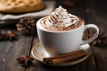Cup of hot chocolate with whipped cream and cinnamon on wooden table. Generative AI