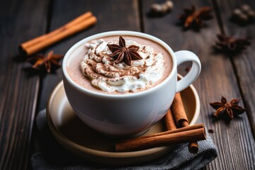 Cup of hot chocolate with whipped cream and cinnamon on wooden table. Generative AI