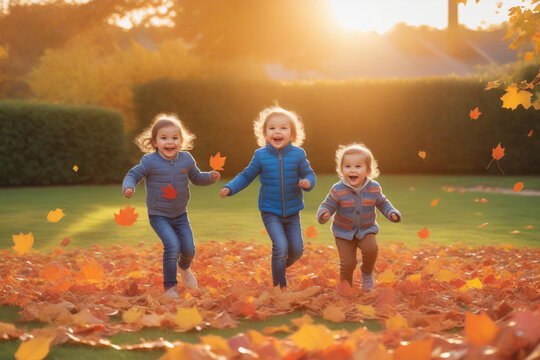 Children playing with autumn leaves in the backyard, their laughter echoing the spirit of Thanksgiving