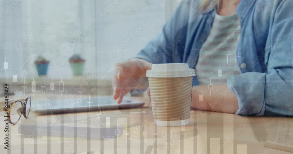 Poster animation of data processing over mid section of a woman using tablet drinking coffee at a cafe