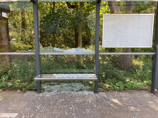 Vandalised bus shelter in the suburb of Loosduinen, The Hague