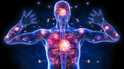 A digitalized human body displaying interconnected health metrics