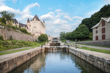 Beautiful view of the Fairmont Chateau Laurier on the Rideau Canal in Ottawa, Canada