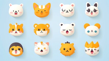 Fototapeta premium Set of cartoon faces expressions, face emojis, stickers, emoticons, cartoon funny mascot characters face set