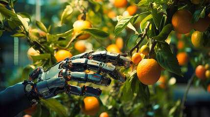 Robotic hands tenderly pruning and harvesting ripe fruits - obrazy, fototapety, plakaty