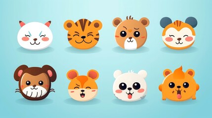 Obraz premium Set of cartoon faces expressions, face emojis, stickers, emoticons, cartoon funny mascot characters face set