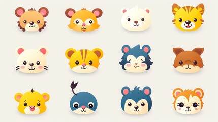Obraz premium Set of cartoon faces expressions, face emojis, stickers, emoticons, cartoon funny mascot characters face set