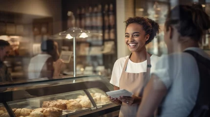 Gordijnen Photo of a joyful woman in a bakery shop © mattegg