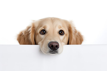 A cute golden retriever dog peeking out behind a white board on a white background. Free space for product placement or promotional text.
