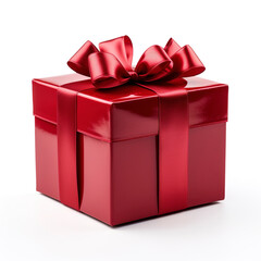 Obraz premium Red gift box with red ribbon on white background. New Year and Christmas design of gift box, generative ai. Present red box, tied with red wrapping ribbon on surface.