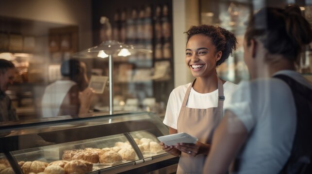Photo of a joyful woman in a bakery shop