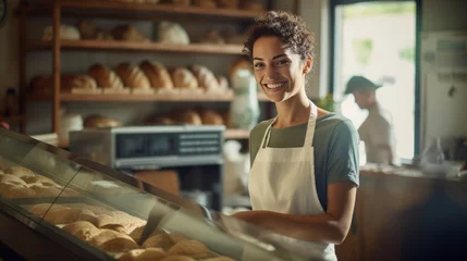 Gordijnen Photo of a woman working in a bakery wearing an apron © mattegg