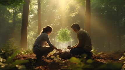 Photo of a couple kneeling down in a serene forest setting