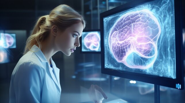 Photo of a woman examining an x-ray image of a brain