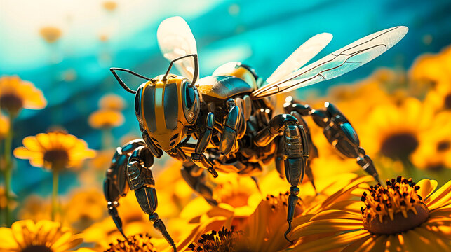 Robotic bee drones pollinating a field of blossoming flowers